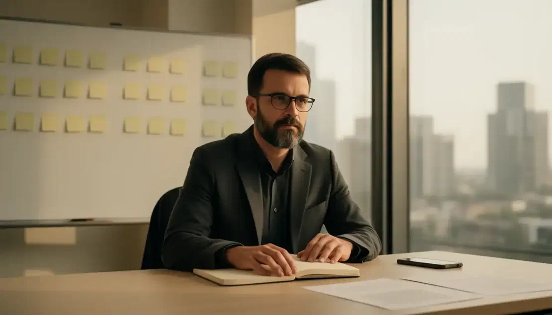 Il marketing manager della società di consulenza pianifica la campagna email Un uomo di quasi quarant'anni, con barba e occhiali, responsabile marketing in un ufficio di una società di consulenza, seduto alla scrivania con un taccuino di carta vuoto chiuso, fogli stampati in bianco e uno smartphone capovolto, alle sue spalle una lavagna con post-it in bianco disposti in colonne come un kanban, una grande finestra con la luce morbida del mattino e i palazzi della città fuori, in un atteggiamento riflessivo di pianificazione