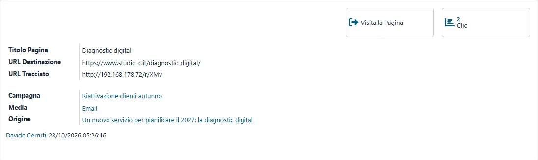 La scheda del link tracciato con URL, campagna e statistiche dei clic