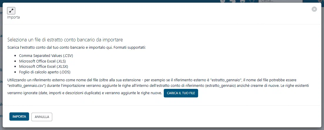 Il wizard di importazione con i formati di file supportati