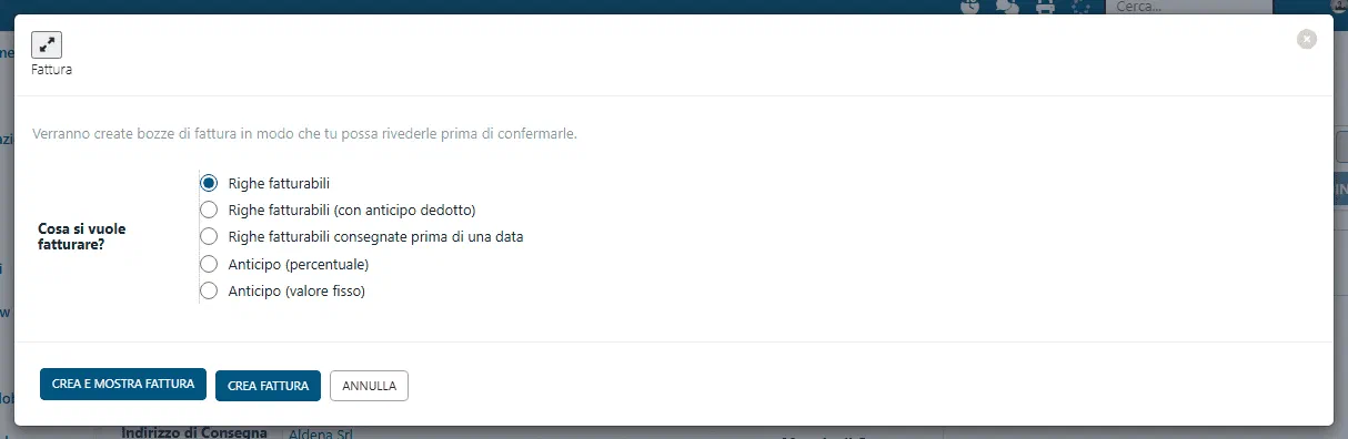 Finestra di fatturazione dell&rsquo;ordine con l&rsquo;opzione Righe fatturabili e il taglio per data consegnata
