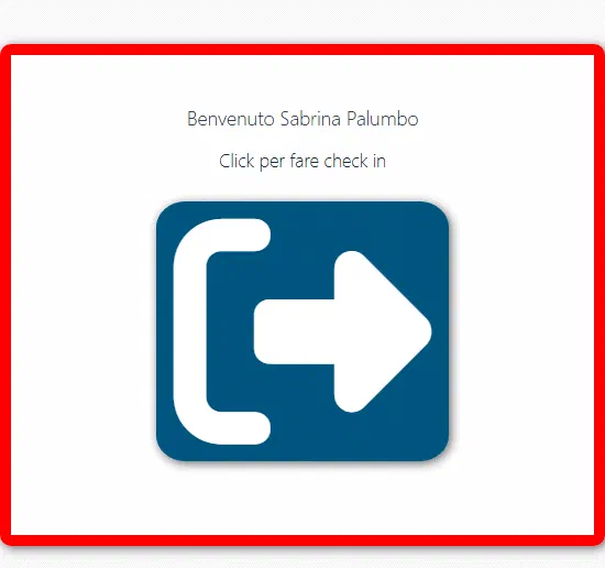 La pagina personale di timbratura: nome, invito «Click per fare check in» e colore del riquadro secondo lo stato