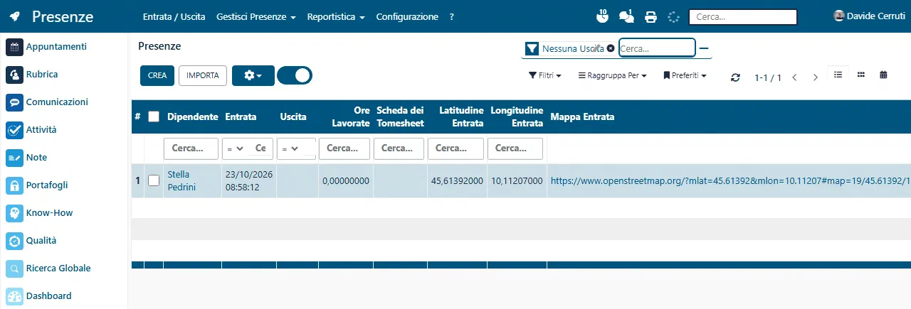 Il registro presenze col filtro Nessuna Uscita: la riga rimasta aperta dal 23 ottobre, con l’uscita vuota