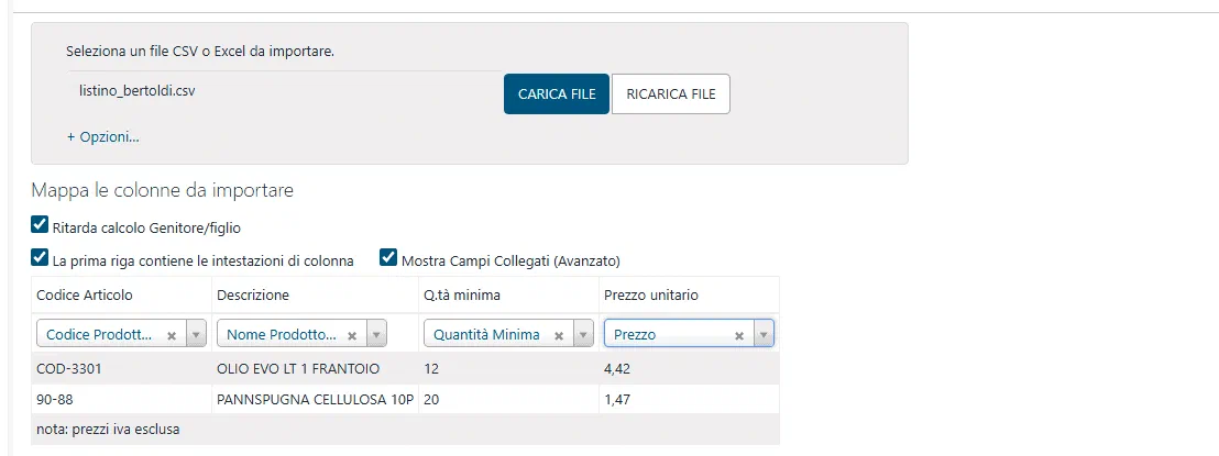 Schermata di importazione: il CSV di Bertoldi caricato e le quattro colonne del fornitore da mappare sui campi del listino