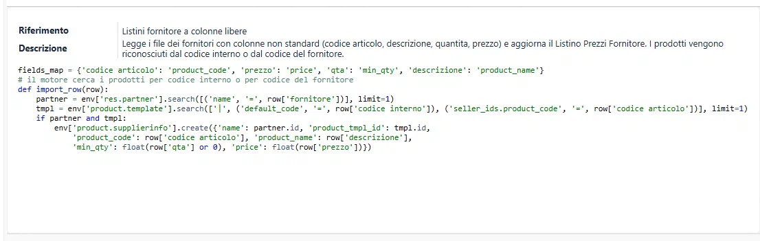 Logica Importatore: la regola python che legge i file dei fornitori a colonne non standard