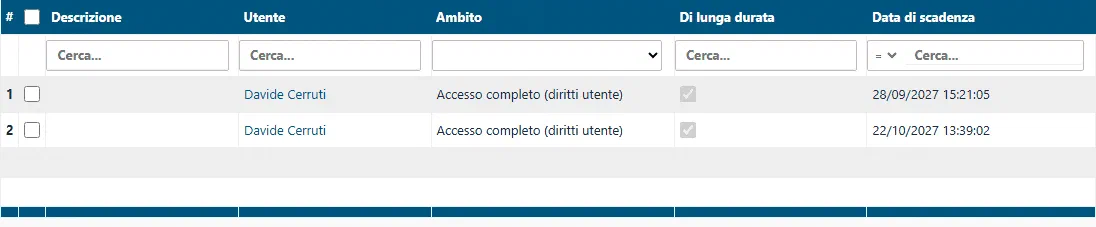 Token di accesso API: due token di lunga durata con ambito “Accesso completo (diritti utente)”