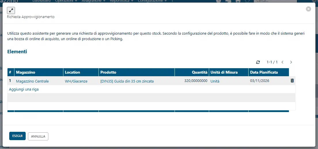 Il riepilogo di approvvigionamento precompilato dalla regola di riordino