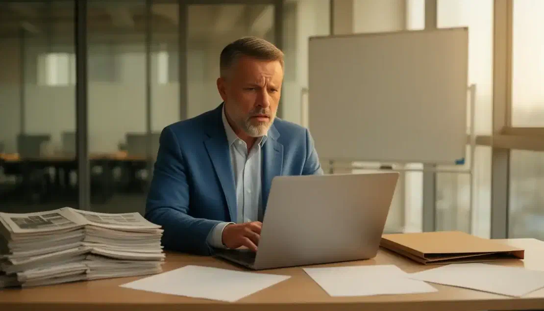 Un consulente di gestione poco sopra i quarant'anni con breve barba brizzolata, giacca blu semplice su camicia chiara, seduto a una scrivania in ordine in un ufficio di consulenza luminoso nel tardo pomeriggio, guarda lo schermo del portatile con espressione preoccupata, attorno a lui pile di report stampati e due faldoni di carta chiusi, sullo sfondo sfocato pareti divisorie in vetro di un open space con scrivanie vuote e una lavagna cancellata, luce calda e bassa da una grande finestra