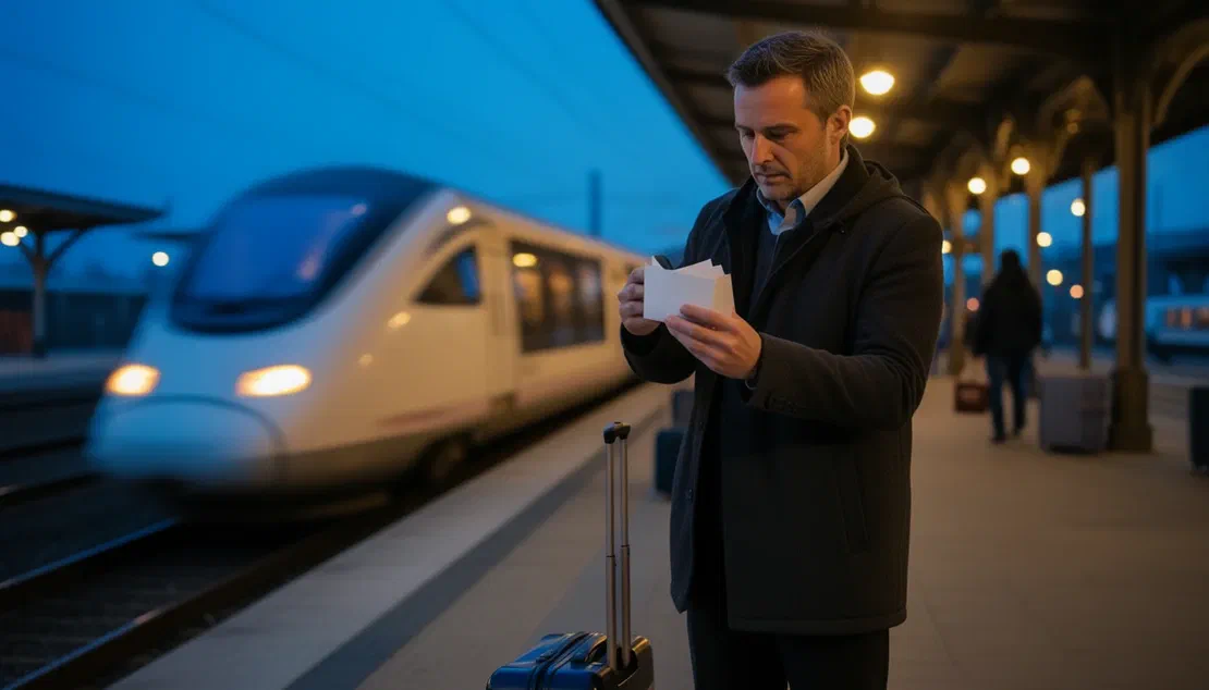 Un consulente in cappotto scuro su una banchina ferroviaria al crepuscolo controlla le ricevute di spesa, con un treno ad alta velocità in partenza alle sue spalle e una valigia a rotelle accanto a lui