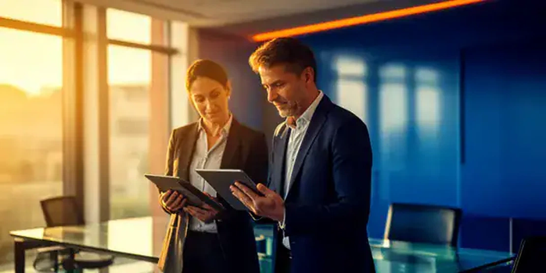 Two professionals collaborating in a modern office with warm natural light