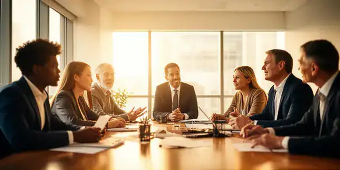 Professionisti Zelo ERP in riunione collaborativa attorno a tavolo in ufficio moderno con luce naturale