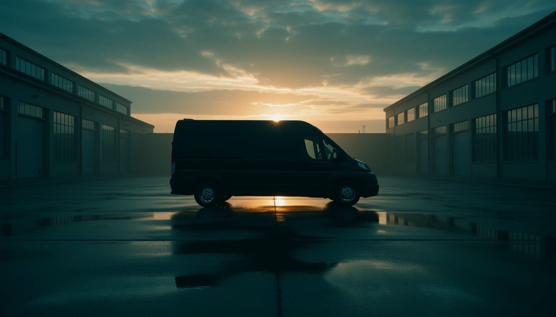 Ammortamento fiscale dell'automezzo aziendale Furgone aziendale scuro parcheggiato su asfalto bagnato in un piazzale industriale vuoto all'ora blu, controluce di un sole basso all'orizzonte