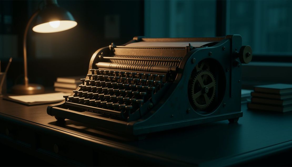 La contabilizzazione del cespite in partita doppia Macchina contabile meccanica d'epoca con tastiera in metallo e ingranaggi in ottone, illuminata da una lampada calda su una scrivania in penombra