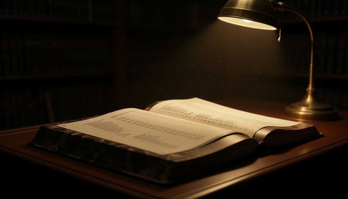 Il libro cespiti, registro dei beni ammortizzabili Grande registro a copertina marmoreggiata aperto su una scrivania in legno, illuminato da una lampada da tavolo in ottone in una stanza d'archivio in penombra