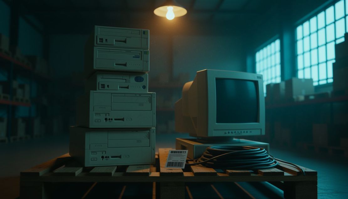 RAEE al cambio del cespite: smaltimento e codici seriali Vecchi computer desktop e un monitor CRT impilati su un pallet in un magazzino in penombra, con luce fredda da una finestra laterale e una lampada calda dall'alto