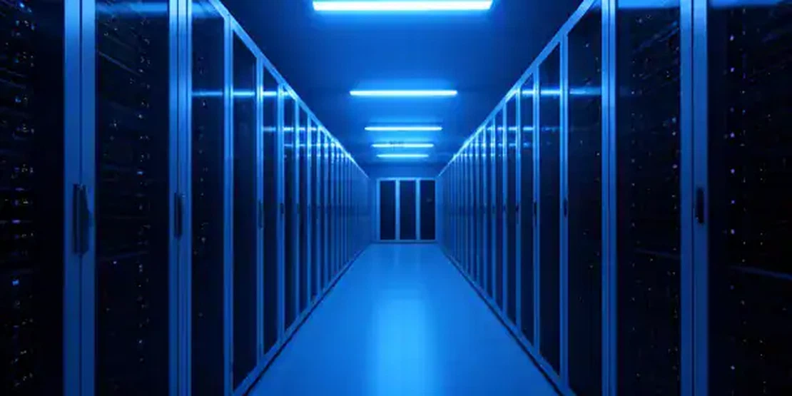 Secure server in an Italian data center with blue LED lighting