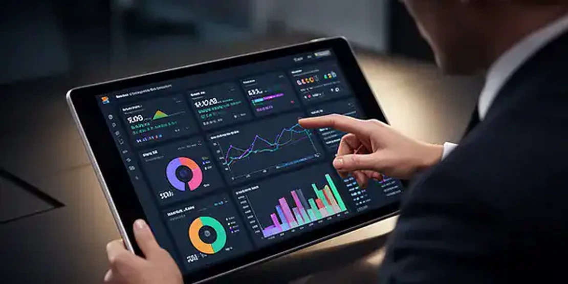 Professional checking marketing dashboard on tablet with real-time data