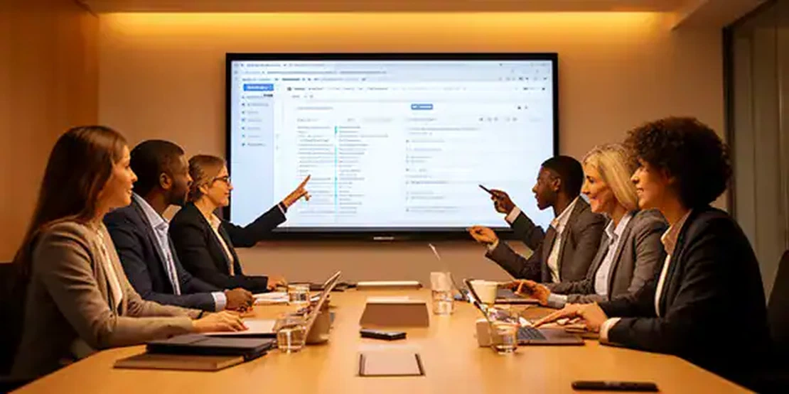 Team di professionisti in riunione con documenti condivisi su grande schermo per la collaborazione in tempo reale
