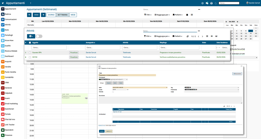 Strumenti di lavoro quotidiano di Zelo ERP: calendario, note e dashboard