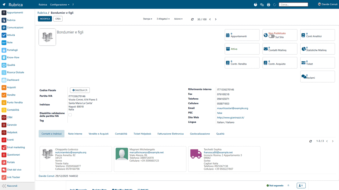 Partner address book in Zelo ERP: internal contacts of a partner