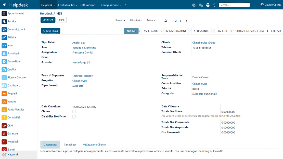 Prepaid hours monitoring in Zelo ERP: reports on consumed and remaining hours per customer