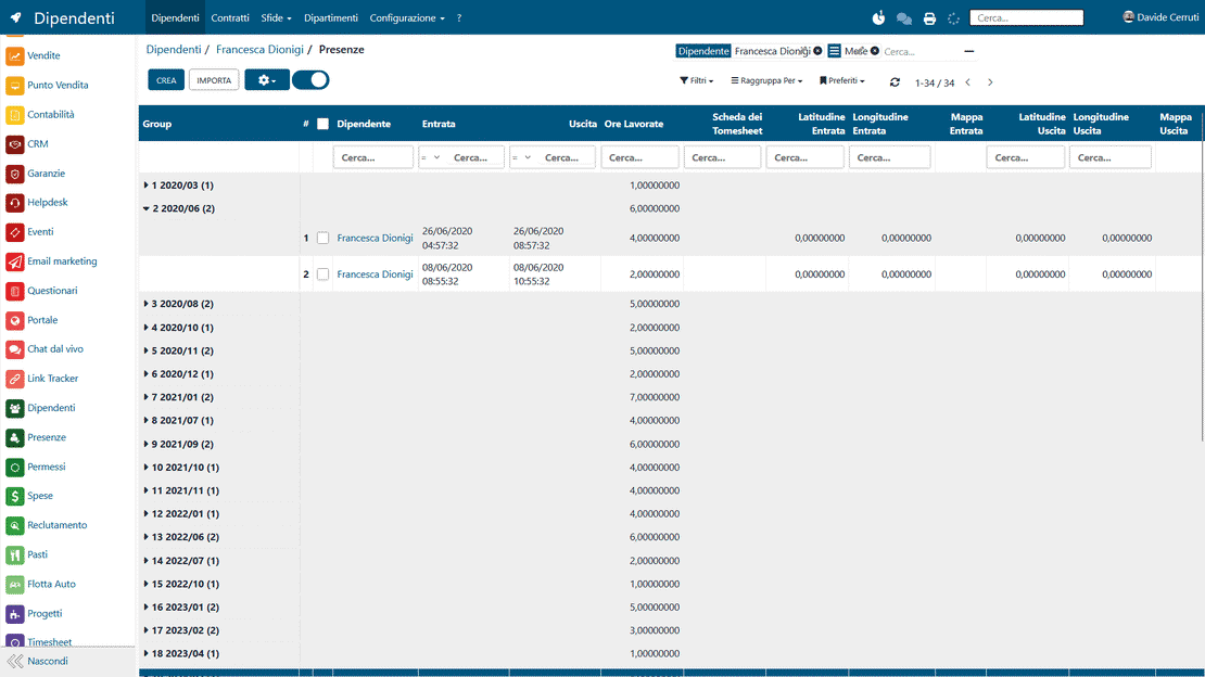 Attendance monitoring in Zelo ERP: time clocks, customized schedules and remaining leave per employee