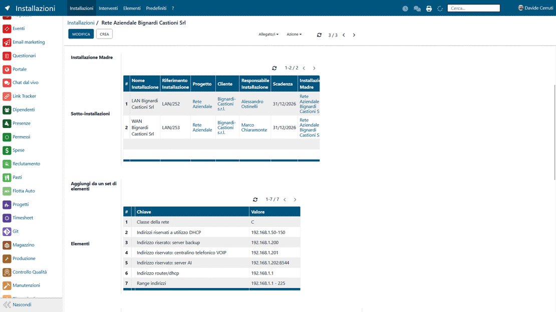 Centralized technical data in Zelo ERP: configurations, passwords and specifications in the installation record