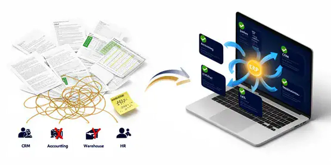 Infographic comparing pre-integration chaos, with disconnected data and Excel sheets, against the integrated ERP system with connected modules on a digital dashboard