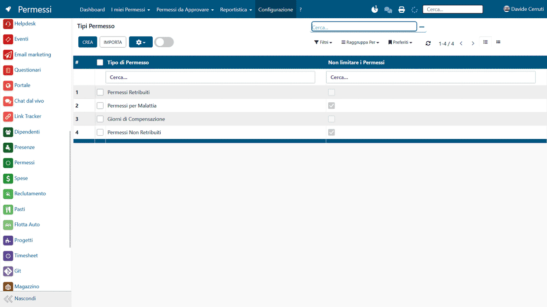 Leave configuration in Zelo ERP: types, annual limits and accrual rules per contract