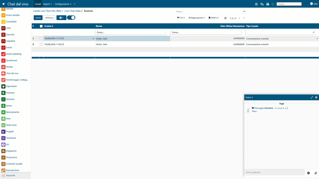 Chat data stored in Zelo ERP: every chat session recorded on the customer card in the CRM