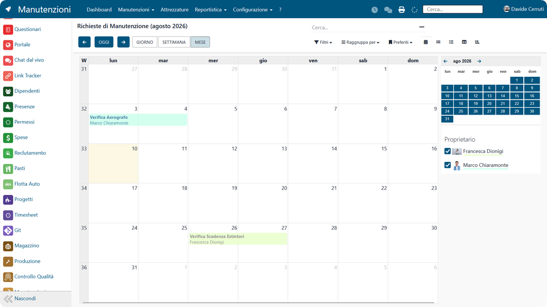 Maintenance calendar in Zelo ERP: planned interventions by date, status, and priority