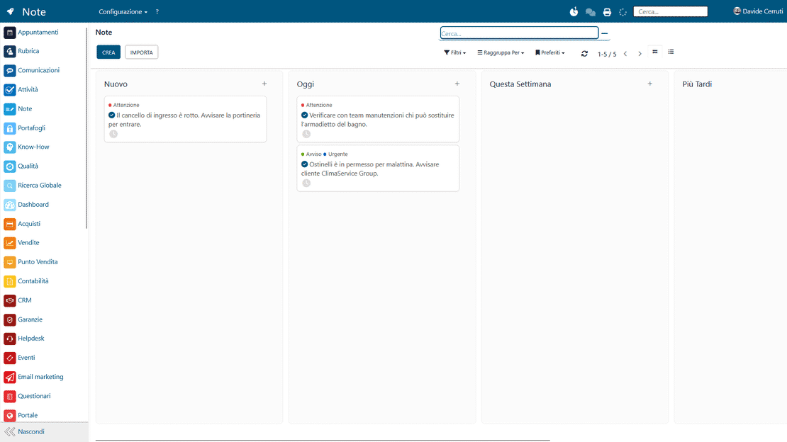 The kanban board of the Notes module in Zelo ERP with customizable columns and the team's post-its