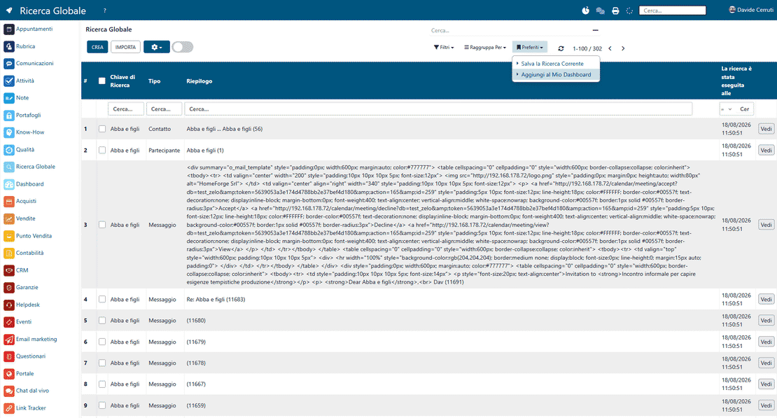 Global search in Zelo ERP displayed as live, automatically updated widgets on a personalized dashboard