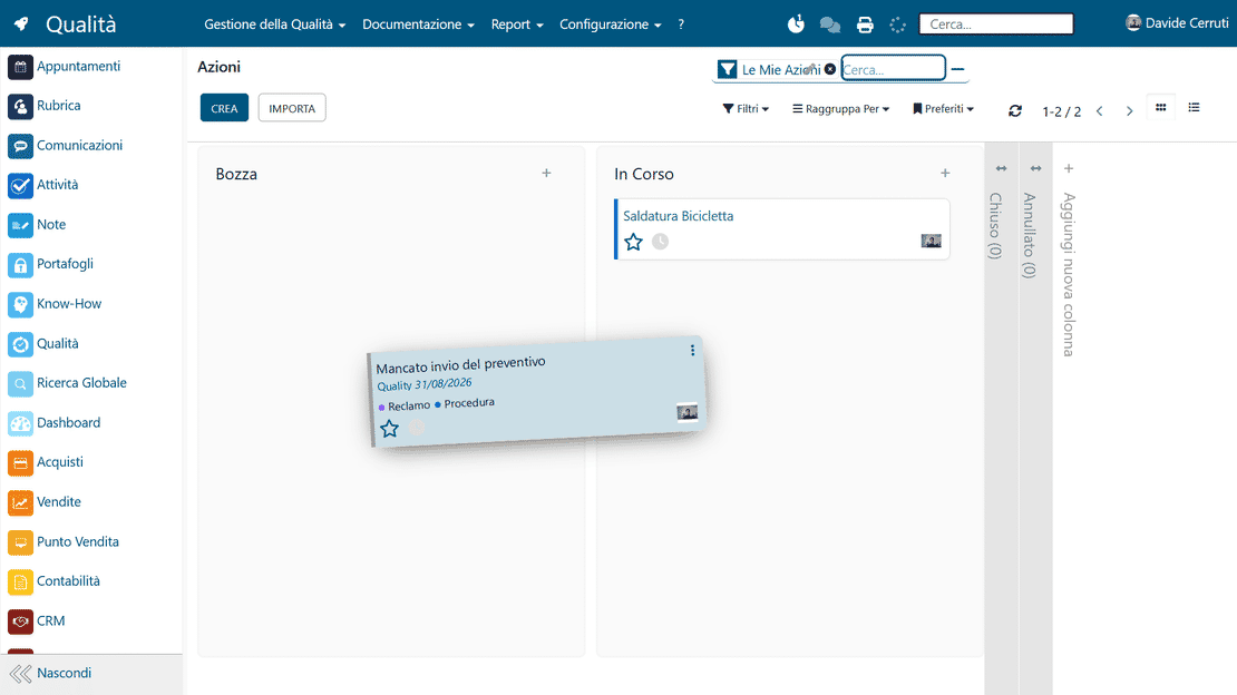 Quality Kanban view in Zelo ERP: statuses, priorities and workloads
