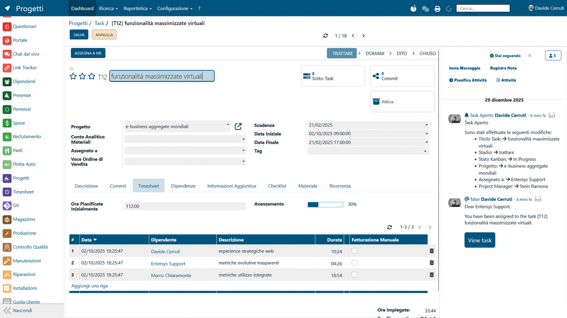 Variance control in Zelo ERP: comparison between planned and actual hours per task