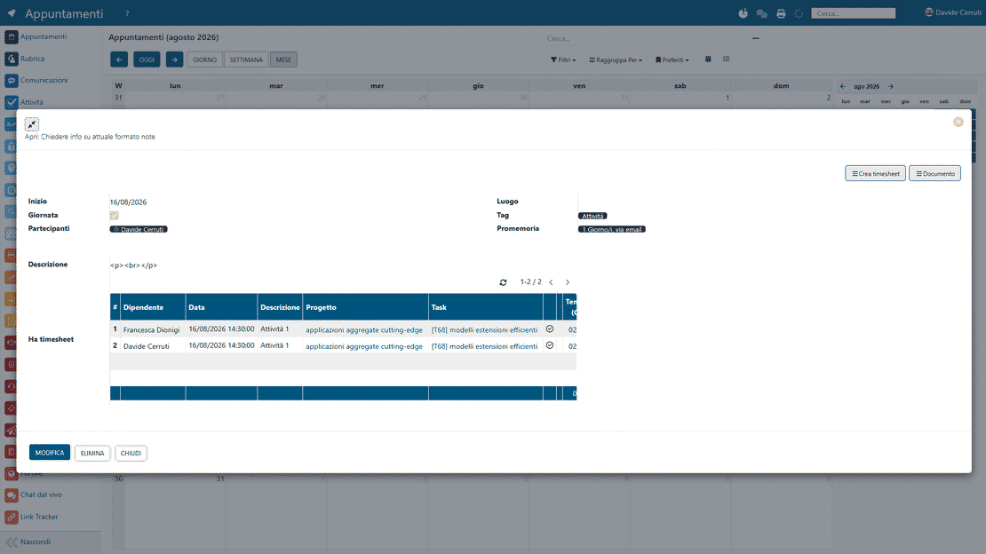 Time logging in Zelo ERP: timesheets from the dedicated area, the calendar or a project task