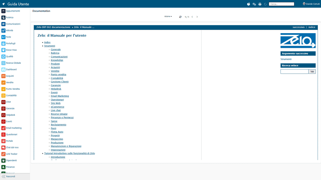 The user guide in Zelo ERP, with the manual organized by business area