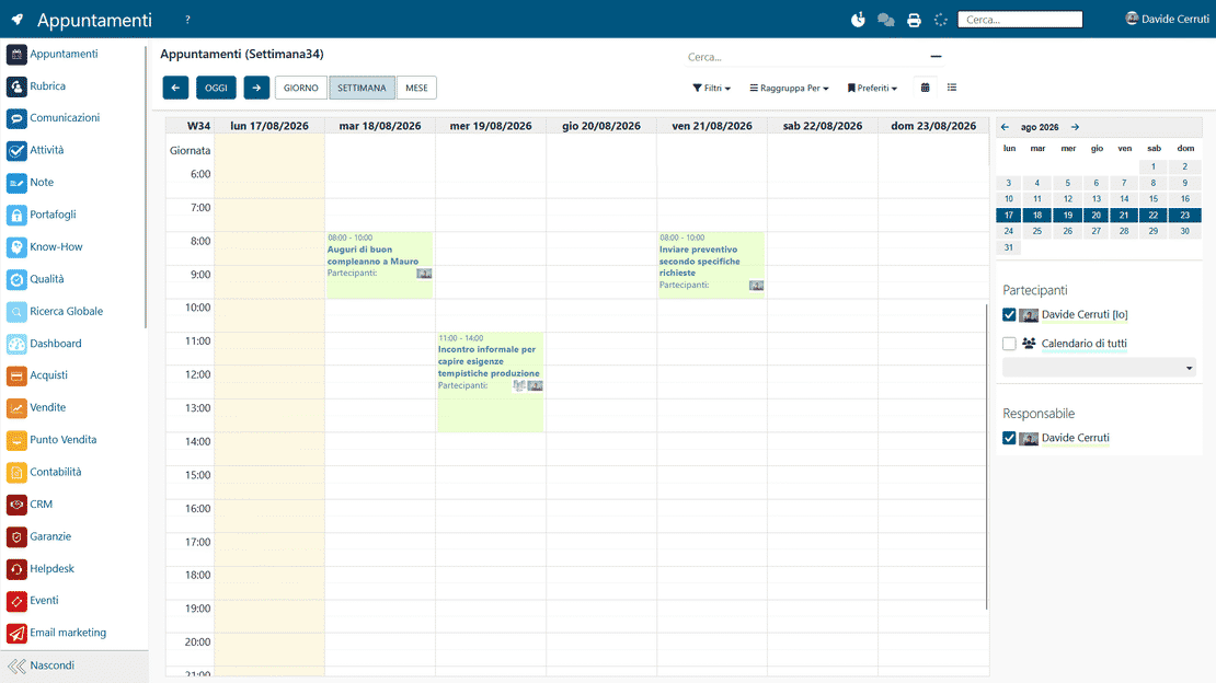 Calendrier des activités dans Zelo ERP: vues jour, semaine et mois