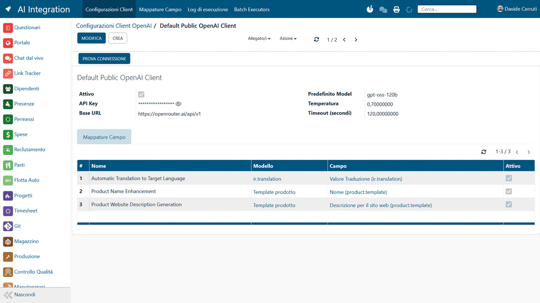 Module d'intégration IA de Zelo ERP : panneau de connexion aux moteurs d'intelligence artificielle