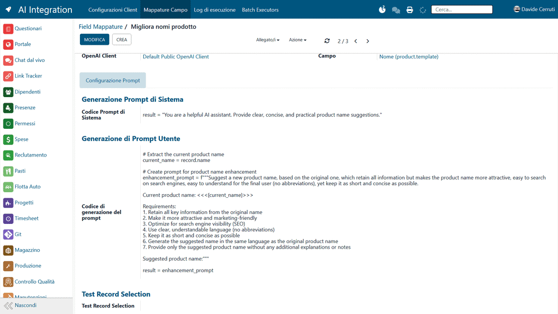 Prompts IA dans Zelo ERP : composition et test de l'automatisation sur un élément d'essai