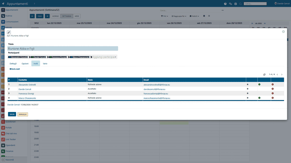 Calendrier dans Zelo ERP : invitations et confirmations des participants