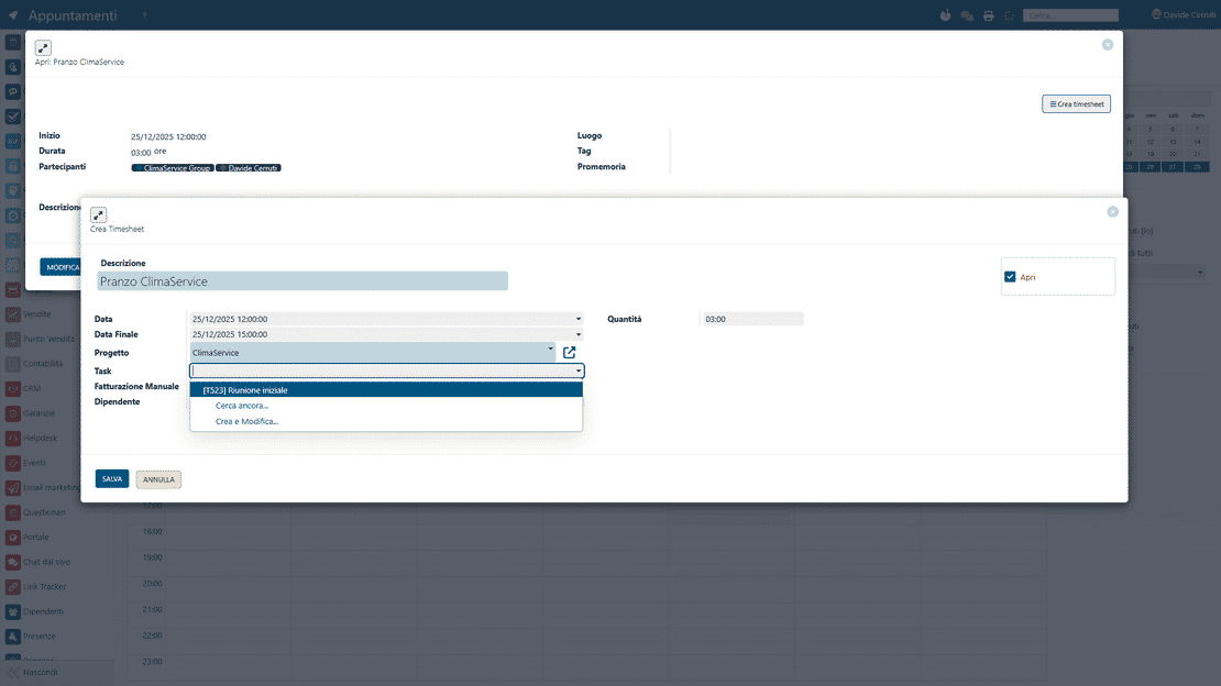 Calendrier dans Zelo ERP : événements transformés en timesheets