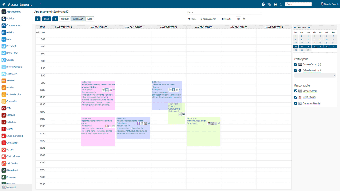 Calendrier partagé dans Zelo ERP : vue hebdomadaire de l'équipe