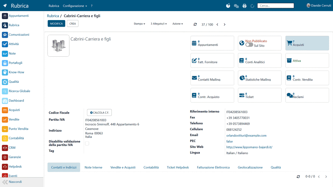 Annuaire des contacts dans Zelo ERP : smart button avec les statistiques du partenaire