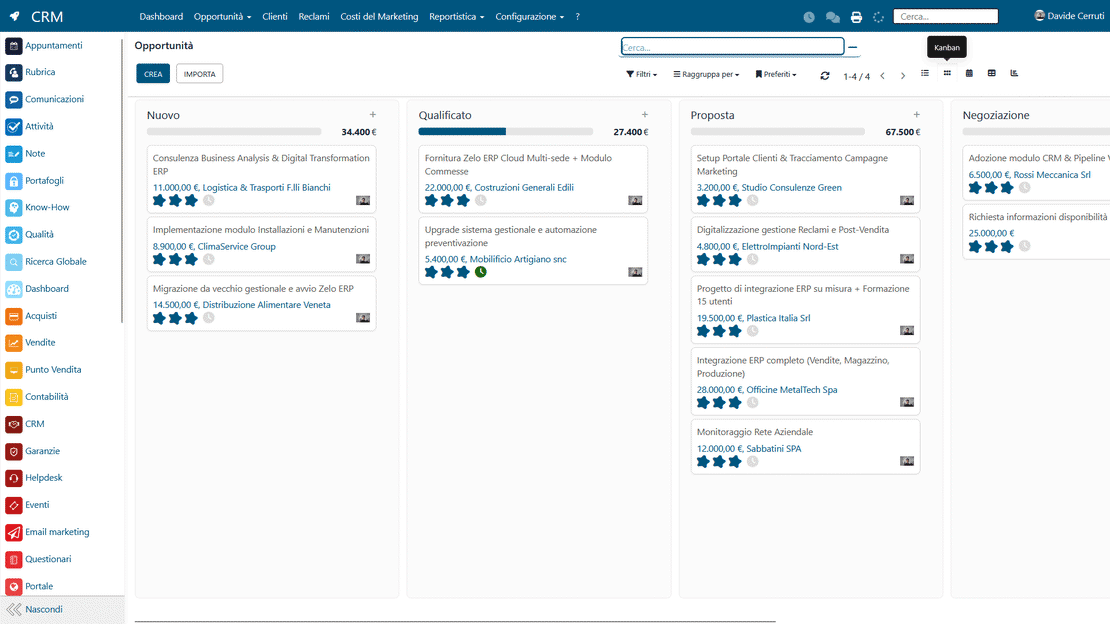 Pipeline kanban des opportunités dans Zelo ERP : étapes, valeurs et probabilités de succès