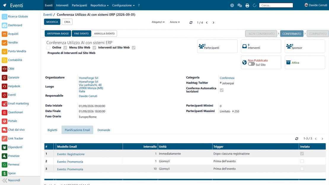 Module Événements de Zelo ERP: e-mails de confirmation et de rappel