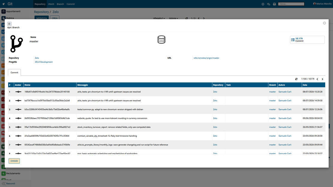 Module Git de Zelo ERP : dépôts, branches et commits reliés aux projets et aux tâches