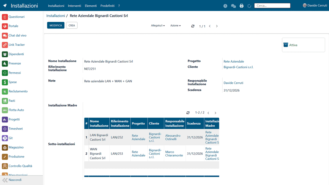 Module Installations de Zelo ERP : arborescence des équipements, données techniques et calendrier des interventions