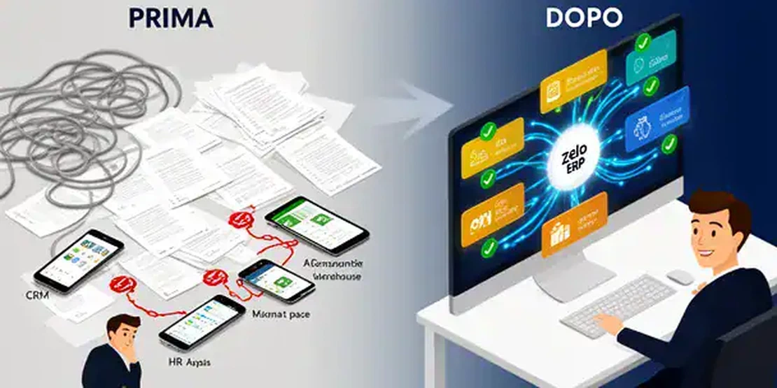 Illustration à plat comparant la situation avant intégration (documents éparpillés, écrans déconnectés, dirigeant frustré) et après (tableau de bord ERP unique, dirigeant satisfait)