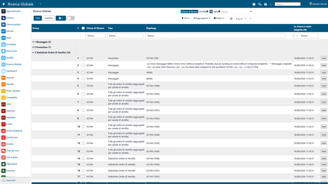 Module Recherche Globale de Zelo ERP : résultats provenant de toutes les zones du logiciel