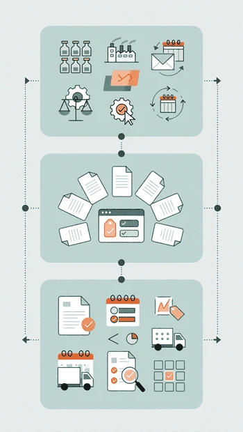 Schéma du flux d'achat en trois étapes dans Zelo ERP : planification des achats, comparaison des offres fournisseurs, contrôle des commandes